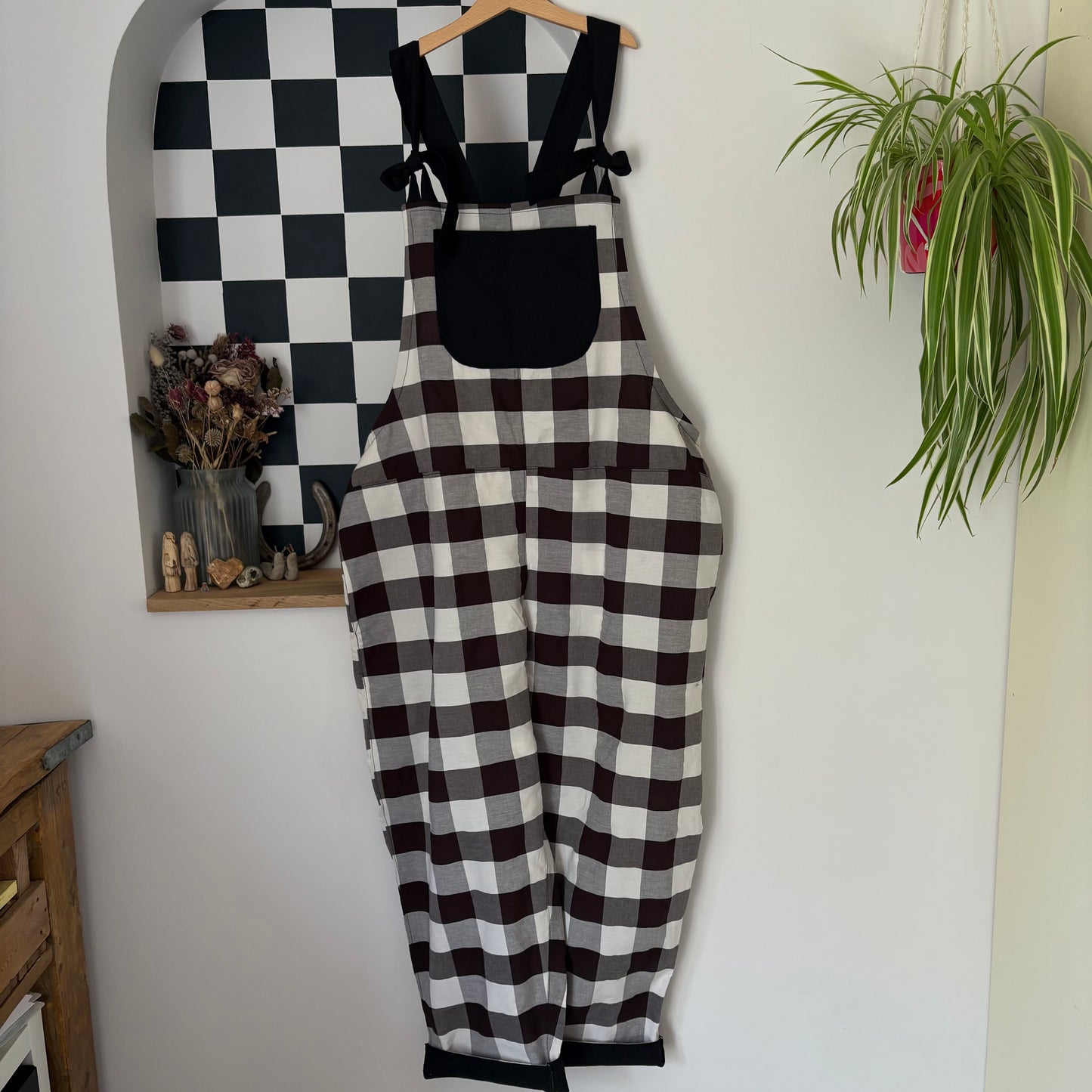 Black and White Plaid Adult Dungarees