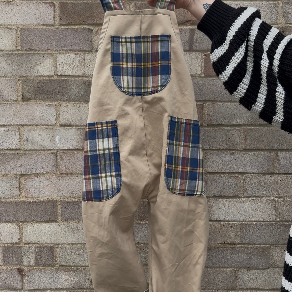 Sand Twill/Blue Check Joey Dungarees