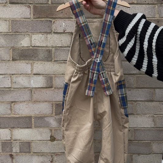 Sand Twill/Blue Check Joey Dungarees